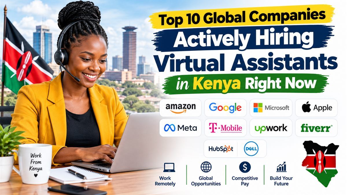 Smiling virtual assistant in a headset at her laptop with the Kenyan flag behind her, beside logos of global companies hiring in Kenya
